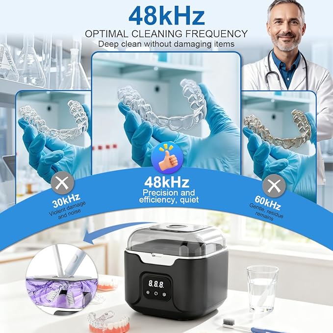 Ultrasonic Retainer Cleaner Machine, 48kHz Ultrasonic Dentures Cleaner with Timer & 4 Modes, 240ML Dental Pod for Mouth Guards, Braces, Aligner, Toothbrush, Jewelry, Makeup tool (Black)
