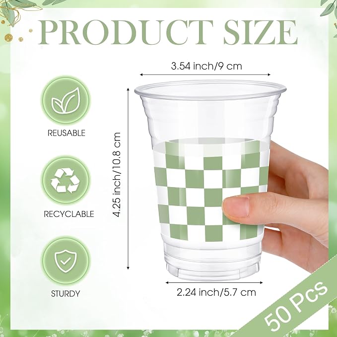 SiliFine 50 Pcs 12 oz Green Checkered Plastic Cups Clear Disposable Gingham Plaid Party Cups for Birthday Baby Shower Picnic BBQ Garden Golf Party Decorations