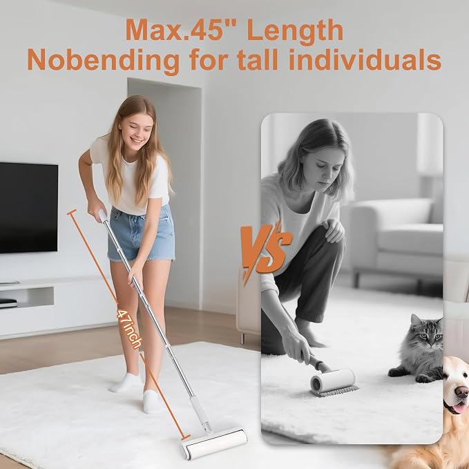 50" Large Lint Roller for Floor, 9.45'' Extendable Lint Roller with 7 Extra Sticky Refills (420 Sheets), One-Click Spring Button for Easy Refill Change, Sticky Rollers for Pet Hair, Floors