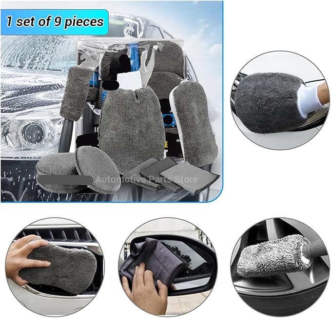 Compatible for 9pcs Car Wash Cleaning Kits Microfiber Towels Blush Sponge Glove Polish Care Applicator Pads Auto Detailing Washing Tools(Grey)