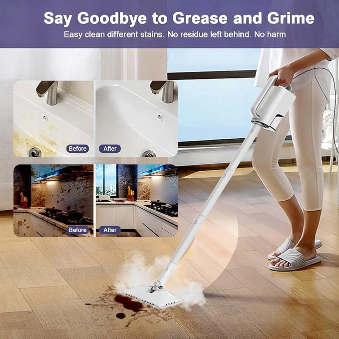 6-in-1 Steam Mop, 1200W Rotated Steam Cleaner for Home, 2 Modes, 400ML Removable Tank, 23FT Power Cord, 2 Pads, Multi-Surface Steamer for Hard Floor, Laminate Floor, Tiles Cleaning (White Silk)