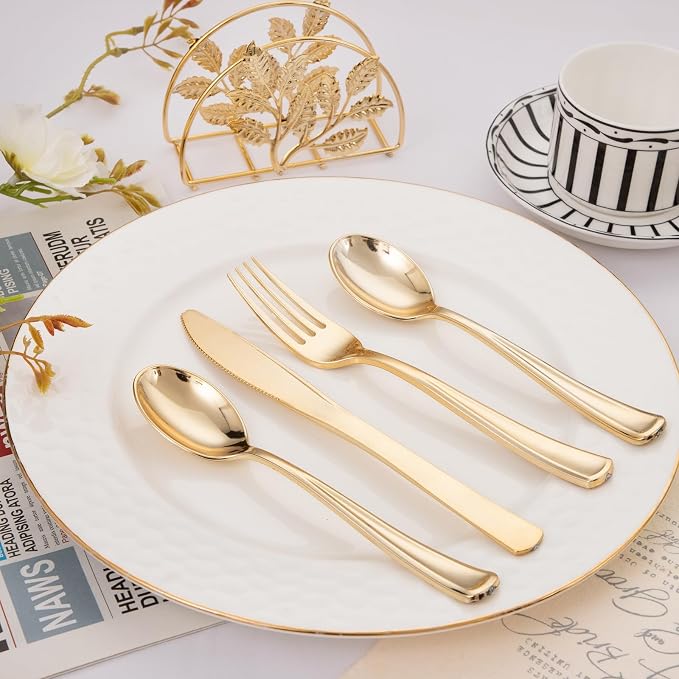 Liacere 200Pcs Gold Plastic Silverware-Gold Plastic Cutlery - Disposable Silverware include 100 Forks 50 Spoons 50 Knives Perfect for Parties & Weddings & Restaurants &Events