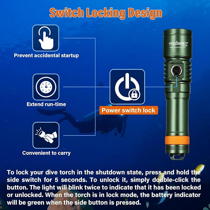 ORCATORCH D710 Scuba Diving Light, 3000 Lumens Super Bright Underwater Flashlight with 6 Degrees Narrow Beam, IP68 Waterproof Night Dive Torch 150 Meters Submersible Light (Green)