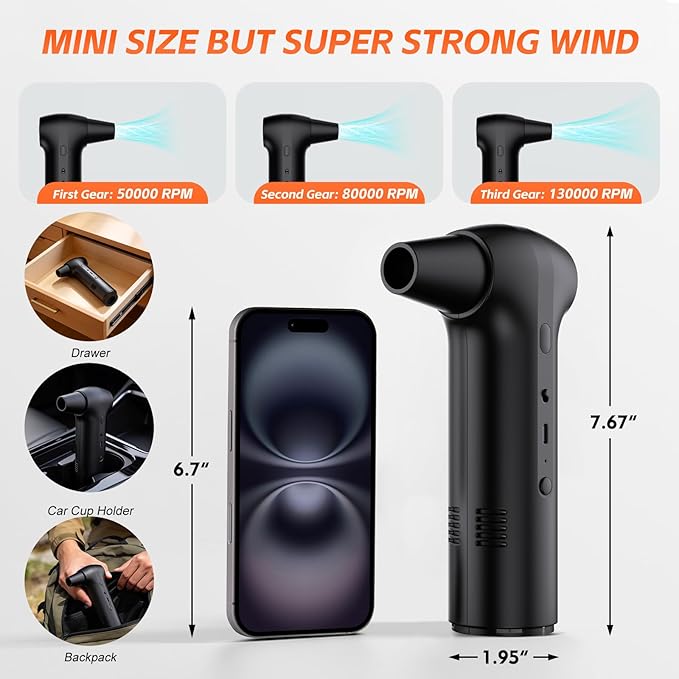 Electric Air Duster 2-in-1 Vacuum Blower, 150W Brushless Motor 130000 RPM, 3 Speed Cordless Rechargeable Cleaner for Keyboard, Electronics, Home, Car