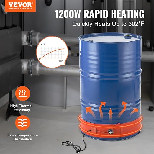 VEVOR Metal Drum Heater, 1200 Watt 5" Width, Pail Heating Band for 55 Gallon Barrel, 86-302℉ Adjustable Thermostat, High Efficiency Silicone Grease Keg Heater, Tested to UL 499 Standard, FCC Listed