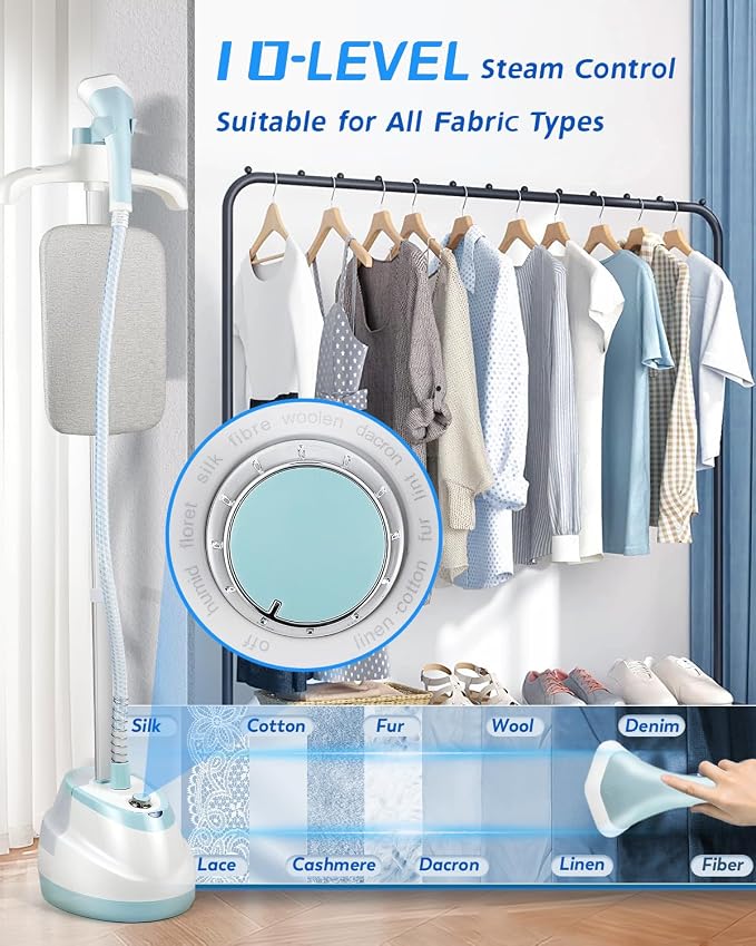Garment Steamer for Clothes Standing Flat Hanging Ironing Suitable for All Fabric Types, Rapid Heats in 25s for 1 Hour Continuous Steam, with Garment Hanger, Ironing Board, Ironing Gloves