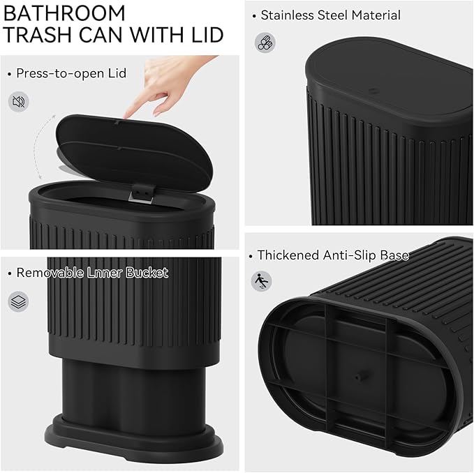 Small Bathroom Trash Can with Toilet Brush, 1.6 Gallon Black Stainless Steel Garbage Can with Lid,Slim Wastebasket with Shower Caddy for Bathroom Bedroom