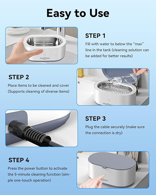 JeaTone Ultrasonic Jewelry Cleaner Machine (Gray & White, 2-Pack), SUS304 Stainless Steel 20oz Tank, 46KHz Ultrasonic Cleaner for Jewelry, Eyeglasses, Rings, Retainer & More