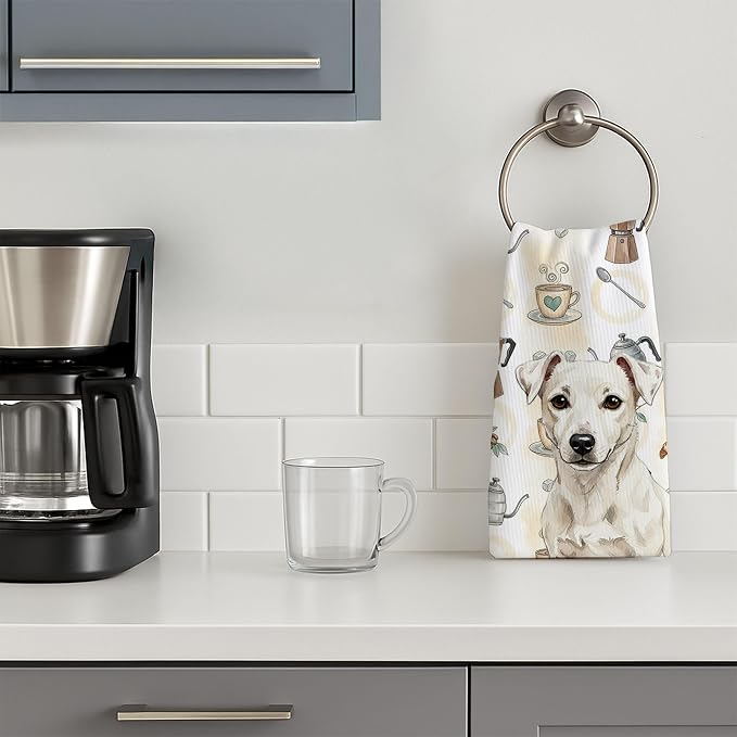 Caroline's Treasures White Jack Russell Terrier Coffee Bar Kitchen Towel Velour Plush Front and Cotton Loop Back Machine Washable