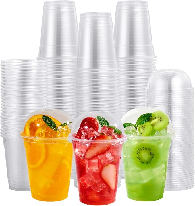 FOCUSLINE 200 PACK 12oz Clear Plastic Cups, Disposable Cold Drinking Cups, 12 Ounce Clear Cups with Dome Lids with Holes for Smoothie, Milkshake, Bubble Tea, Parfait
