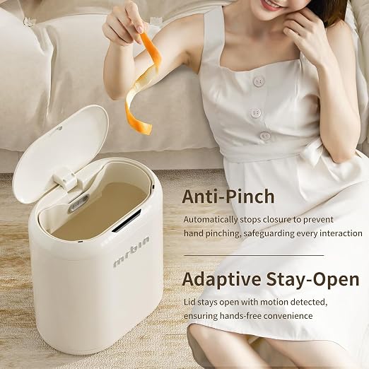 MRBIN Automatic Adsorption Metal Trash Can for Bathroom, Touchless Garbage Bin with Lid, 3.2 Gallon Slim Trash Can for Office and Bedroom, Electric Motion Sensor Waste Basket, Cream White