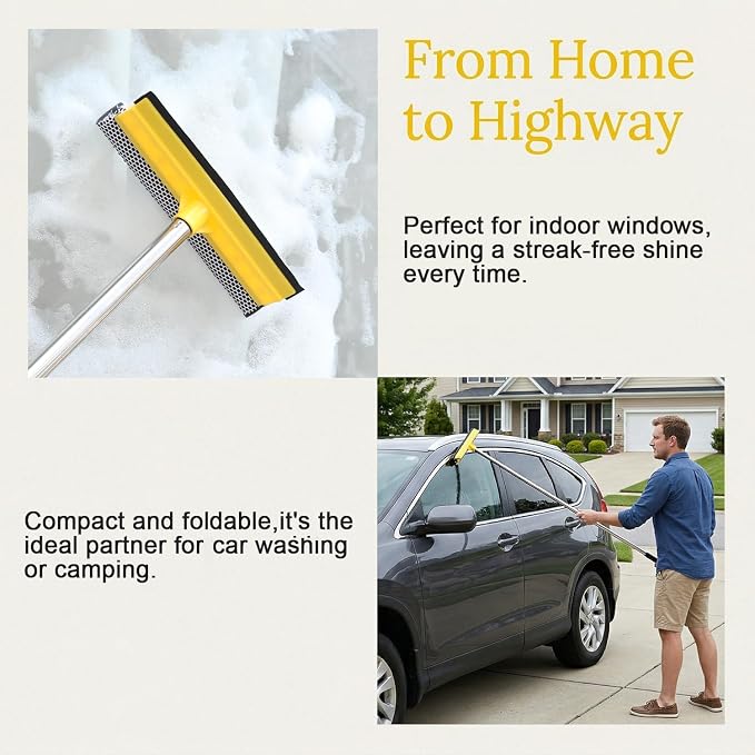2 in 1 Car Window Squeegee and Collapsible Bucket Set,Long Handle,Yellow