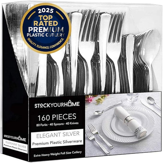 160 Pack Silver Plastic Cutlery Disposable Silverware - 80 Forks, 40 Knives, 40 Spoons - For Catering, Parties, Dinners, Weddings, and Everyday Use