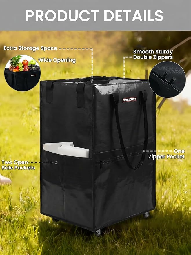 WORKPRO Medium Reusable Grocery Bag on Wheels, Heavy Duty Rolling Shopping Tote with Handle, Folding Trolley on 4 Caster Wheels for Groceries, Laundry, Camping, Moving