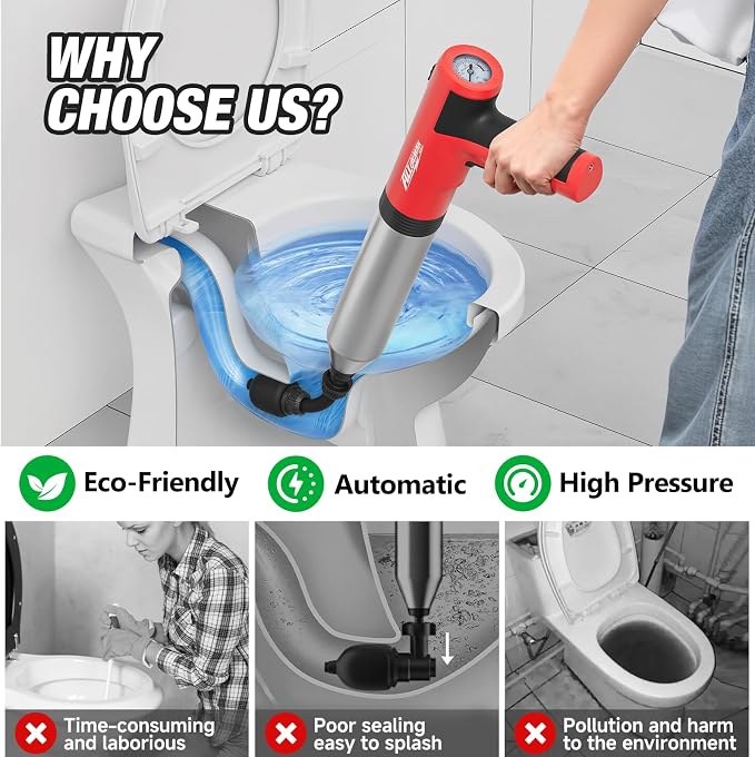 Alloyman Electric Toilet Plunger - Powerful High Pressure Toilet Unclogger, Plungers for Bathroom, Floors, Shower, Safe and Portable Toilet Unclogged Tool
