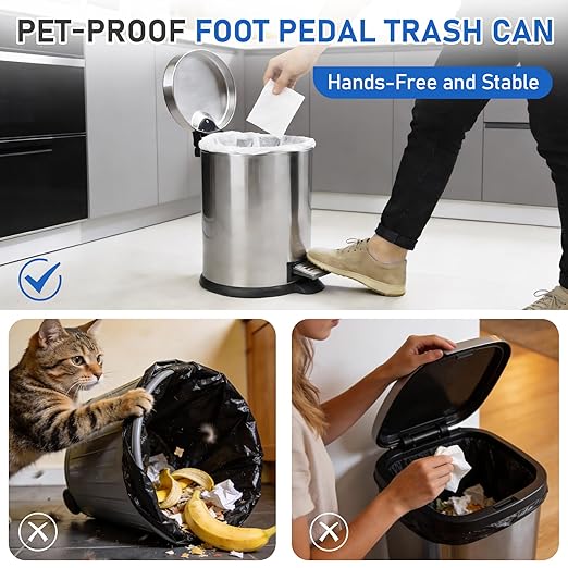 SIMPLYKLEEN Bathroom Trash Can with Lid - 2PC 1.3 Gallon/5L Oval Small Trash Can with Soft-Close Lid, Foot Pedal, Brushed Stainless Steel, Removable Liner, Garbage can for Kitchen, Office, Home Silver