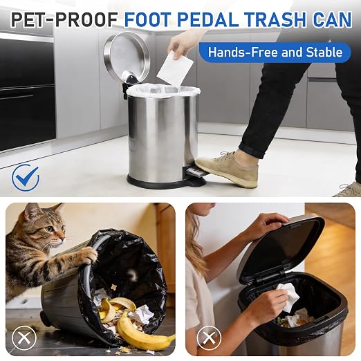 SIMPLYKLEEN Bathroom Trash Can with Lid - 4PC 1.3 Gallon/5L Oval Small Trash Can with Soft-Close Lid, Foot Pedal, Brushed Stainless Steel, Removable Liner, Garbage can for Kitchen, Office, Home Silver