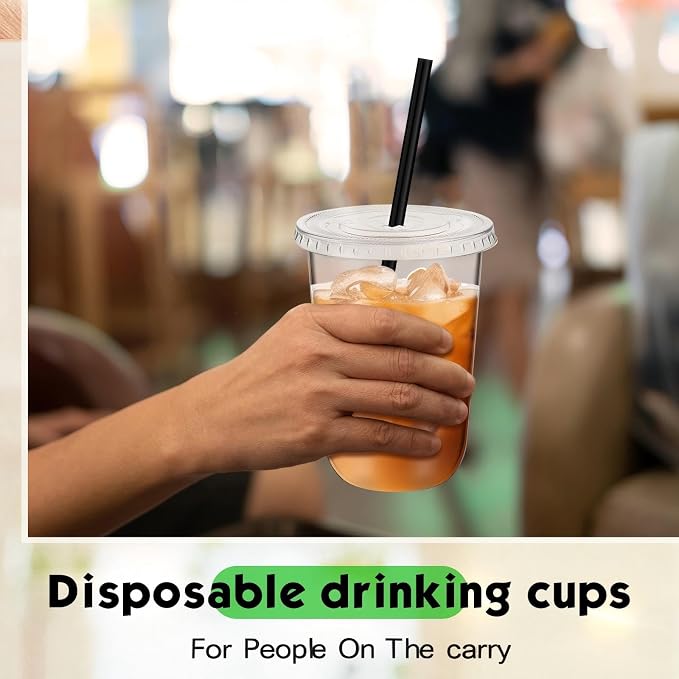 Ziliny 100 Set Clear Plastic Cups with Lids and Straws, Disposable Iced Coffee PET Cups for Drinking Cold Beverage Juice Parfait Smoothie Milkshake Coffee Shops Party Supplies (16 oz)