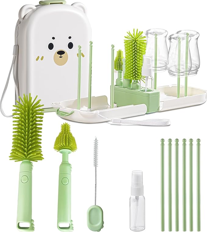 Travel Bottle Brush Set with Case & Collapsible Wash Basin with Drain Plug – Portable Baby Bottle Cleaner Kit with 6 Drying Rods – Compact Sink for Home, Camping, or Baby Gear Cleaning