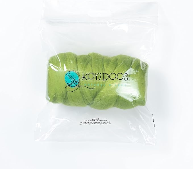 Kondoos Colored Natural Wool roving, 1 lb. Best Wool for Needle Felting, Wet Felting, handcrafts and Spinning. (Green Apple, 1 lb)