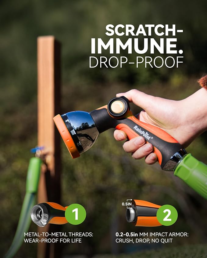 RAINPOINT Spray Nozzles for Garden Hose - 10 Spray Patterns Garden Hose Nozzle with Adjustable Flow Control for Watering Plants, Washing Cars,Washing Pets, Thumb Control (2 Packs, Orange)
