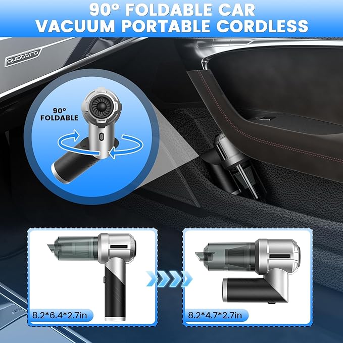 Car Vacuum Portable Cordless with 18000PA Super Suction, 4 in 1 Portable Air Blower/Car Vacuum 90°Foldable Handheld Rechargeable Brushless Motor, Gifts for Mother's Day for Home, PC
