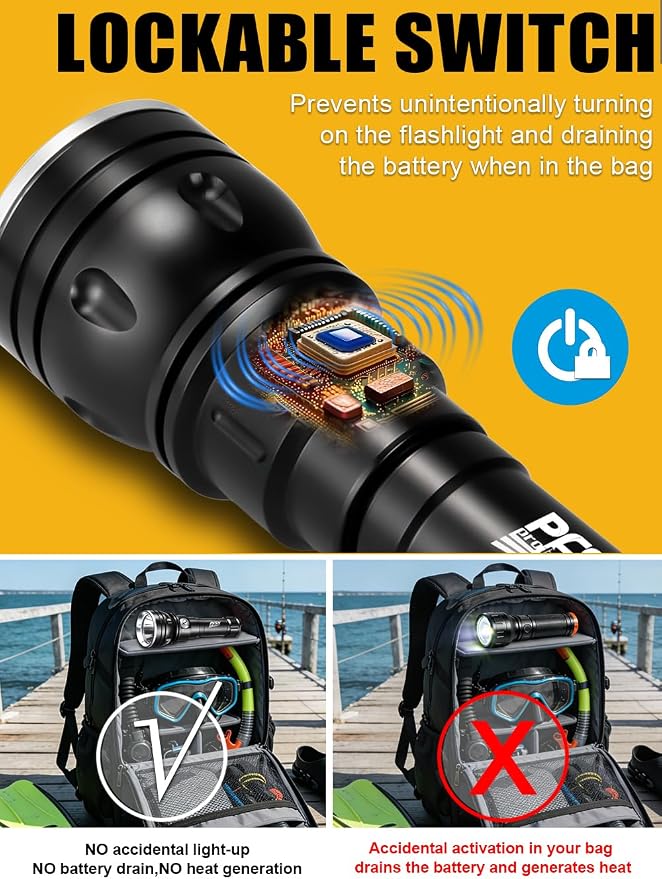 PFSN 3000 Lumens Dive Light with Lockable Switch, 150m Underwater Waterproof, 20H Runtime, 400m Long Narrow Beam, Rechargeable Professional Scuba Diving Flashlight for Night Diving, Caving, Snorkeling