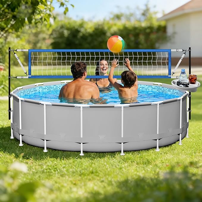 Above Ground Pool Volleyball Net Set with Storage Tray – Adjustable 10-20FT Anti-Sag Net, Poles, Ball & Installation Accessories – Fun Outdoor Swimming Water Games for Kids Adults Family