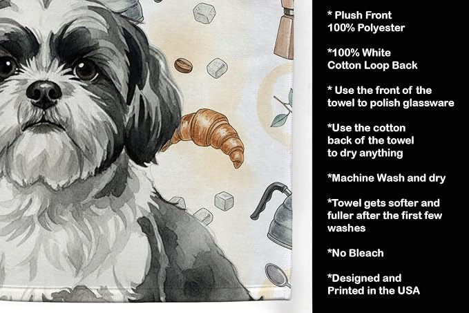 Caroline's Treasures Black and White Shih Tzu Coffee Bar Kitchen Towel Velour Plush Front and Cotton Loop Back Machine Washable