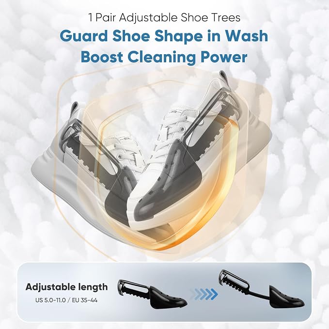 2PCS XXL Shoe Washing Machine Bag with Adjustable Shoes Trees - Heavy Duty Reusable Shoe Laundry Bag for Washer and Dryer - 360° Deep Clean & Protect Chenille Microfiber Sneakers Wash Bags - White