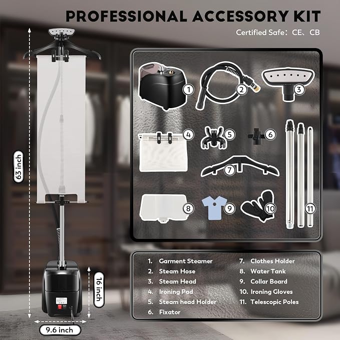 CGOLDENWALL Professional Standing Garment Steamer for Clothes 1500w Continuous 70 mins Powerful Steam, 30s Fast Heat-up, Includes Fabric brush, Ironing pad, Gloves,Trouser Clips