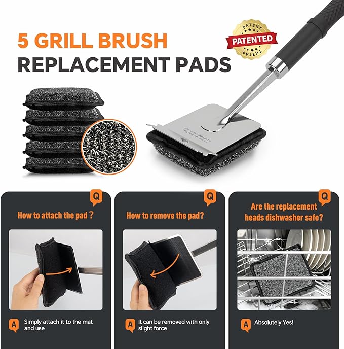 Grill Brush Bristle Free,with 5 BBQ Replacement Head, [Ultra Safe & Efficient] for Cast Iron, Stainless Steel Grates,Safe Grill Cleaner for Outdoor Grill,Great Gift for Men/Dad (Model-XD3000)