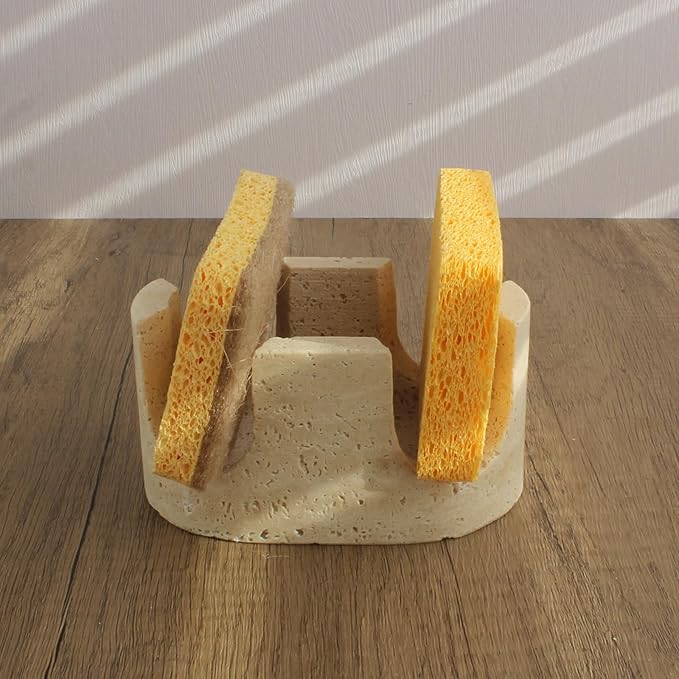 Nawgnail Natural Travertine 2-Slot Sponge Holder for Kitchen Counter, 2-in-1 Stone Drying Rack, Sponge Caddy for Sink Organizer - Beige Travertine