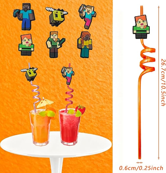 30pcs Pixel Straws Pixel Party Supplies Favors With 2pcs Cleaning Brush Plastic Reusable Straws Birthday Party Supplies For Boys Girls