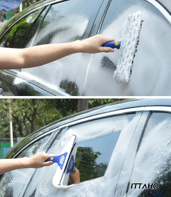 ITTAHO Window Squeegee Cleaner Tool,Window Cleaning Kit with Extension Pole,12" Squeegee and 11" Microfiber Scrubber Combi,Window Washing Equipment for Car, Indoor,Outdoor, High Windows-2 Pads