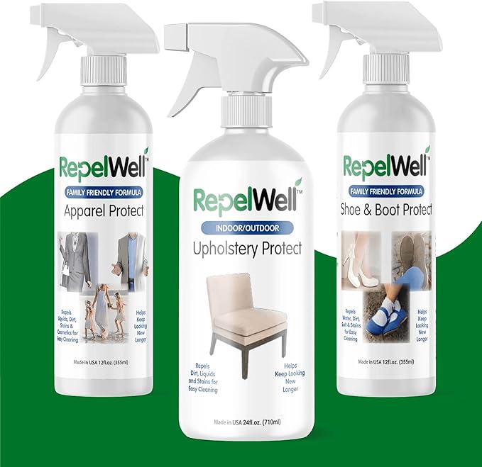 RepelWell 3-Pack Total Care Kit | Fabric & Footwear Protection Spray Bundle - Shoe & Boot, Upholstery, and Apparel Protectant spray – Stain & Water Repellent for Home, Clothes & Gear – Non-Toxic