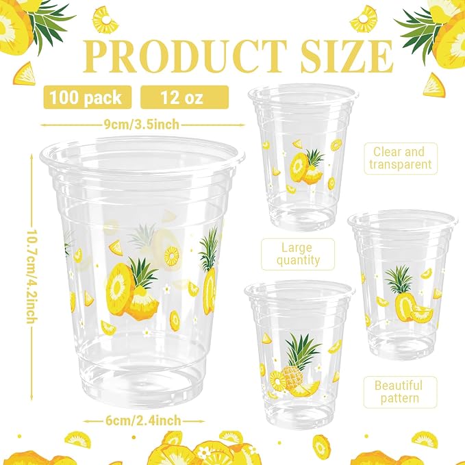 100 Pack Pineapple Plastic Cups 12 oz Pink Yellow Fruit Disposable Cup Clear Pineapple Summer Spring Party Favor Drinking Cold Beverage Cup for Tropical Party Supplies