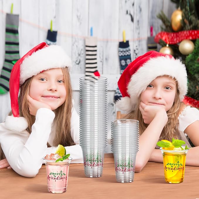 Potchen 50 Pack 12 oz Plastic Merry Friendsmas Cups Disposable Clear Christmas Cups for Christmas Friendsmas Party Decorations Supplies Xmas Holiday Office Home Tableware