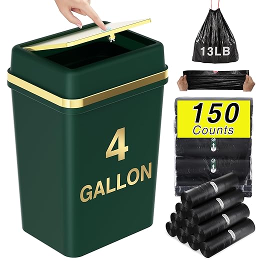 Bathroom Trash Can with Lid 4 Gallon Dark Green Trash Can with Press Top Lid Bedroom Trash Can Small Garbage Can with 150 Counts Trash Bags for Small Bathroom Bedroom Office