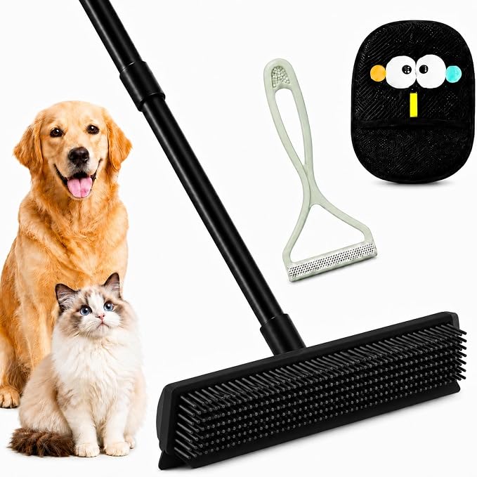 GOOGO Pet Hair Removal Kit, Black Carpet Rake and Scraper | Designed for daily fur pickup on carpets, upholstery, pet beds and car mats, with a long handle rake, scraper and glove.