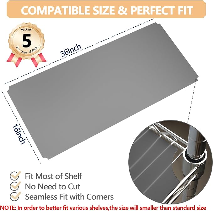 5pcs 16"x36" Plastic Shelf Liners for Wire Shelf Systems – Non-Slip Mats, Grey – Ideal for Kitchen, Pantry & Garage Organizing