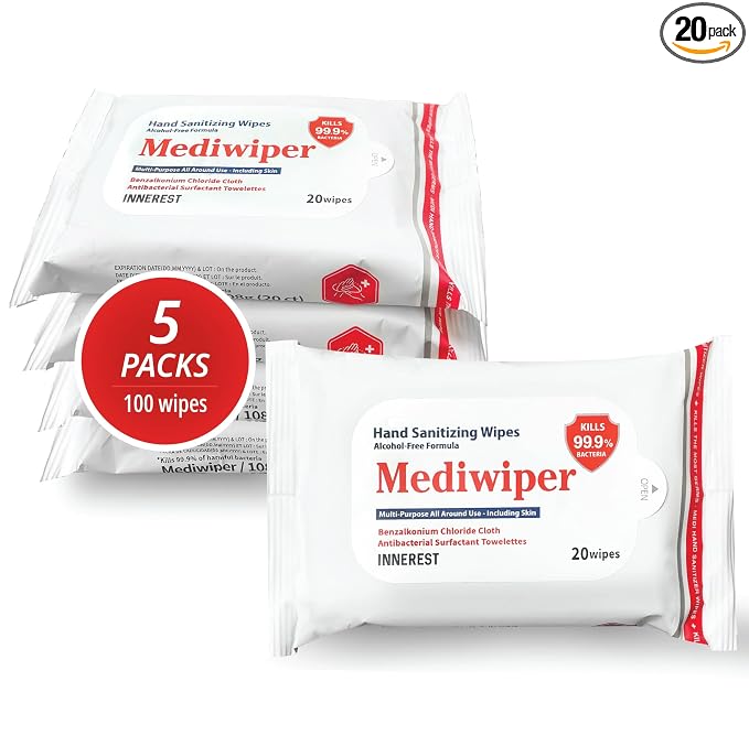 Mediwiper 20 Count Alcohol-Free Sanitizing Wipes Disinfecting Large Unscented Wet Wipes Bulk, Hand Sanitizer (20 Wipes, 100 Wipes (20 * 5))