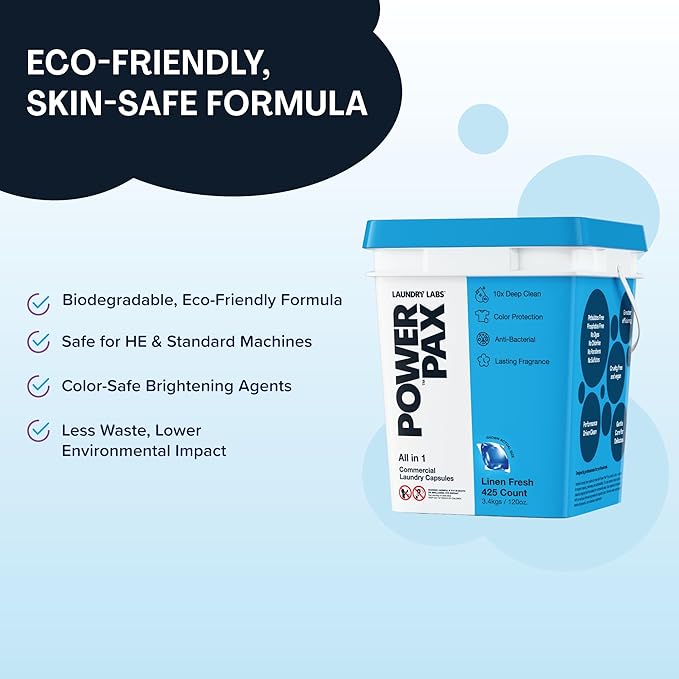 PowerPax Power Pellets Laundry Detergent Capsules, Linen Fresh, 425 Count – Stain Remover, Odor Eliminator, Color Protection and Fabric Softener for Everyday Laundry Cleaning