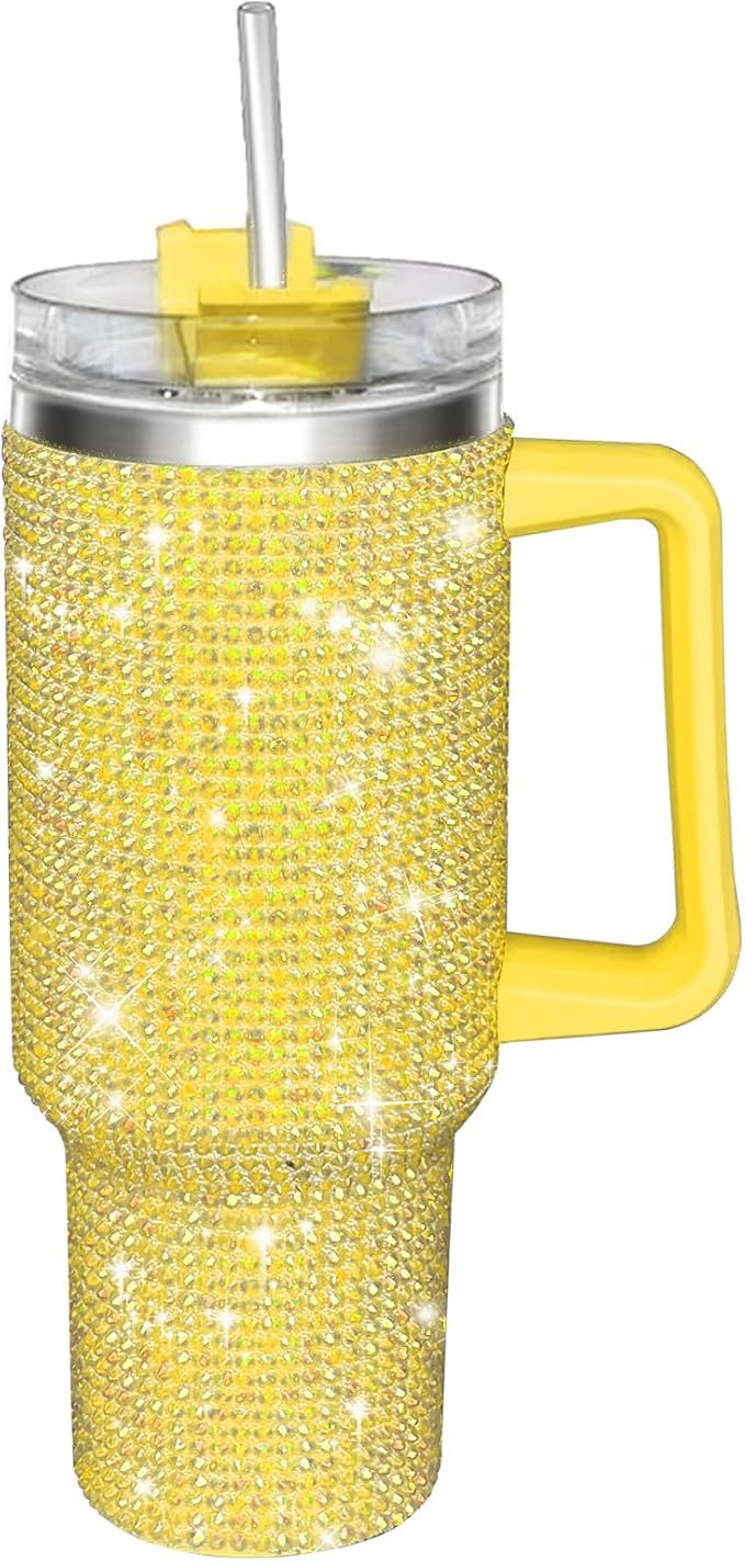 HWISDMIG 40oz Tumbler with Handle-Glitter Rhinestones Tumbler Bling Cups Stainless Steel Water Bottle Diamond Studded Tumbler for Women-Birthday Gifts for Women, Mom, Girlfriend (Pomelo)