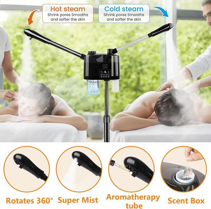Professional Facial Steamer with Ozone and Hot & Cold Mist, Esthetician Steamer on Wheels, Face Humidifier for Facial Deep Cleaning, Digital Facial Steamer for Home and Salon, Black