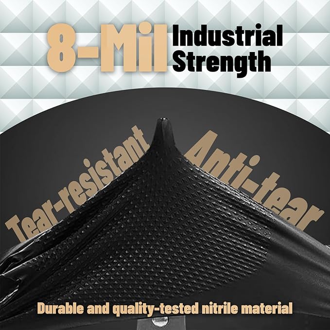 Heavy Duty Black Diamond Grip 8mil Nitrile Gloves - Industrial Grade, Puncture & Chemical Resistant Safety Gloves