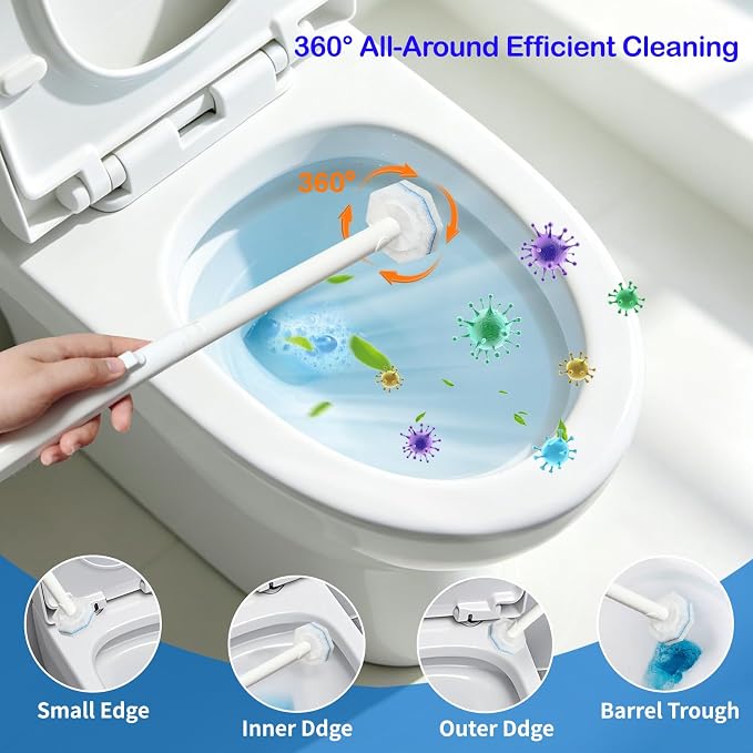 Disposable Toilet Brush and Holder Set, 60 Pre-Filled Refills, 5X Powerful No-Shed Pads, 360° Deep Toilet Bowl Clean, Toilet Bowl Cleaners with Storage Caddy & Adhesive Hooks