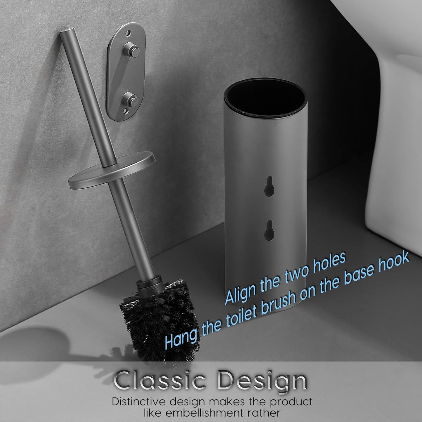 Stainless Steel Toilet Brush and Holder Set, No-Punch Hook Base Dual Purpose Toilet Brush Holder with Removable Inner Bucket and Splash Cover - Soft Bristles (Gray)