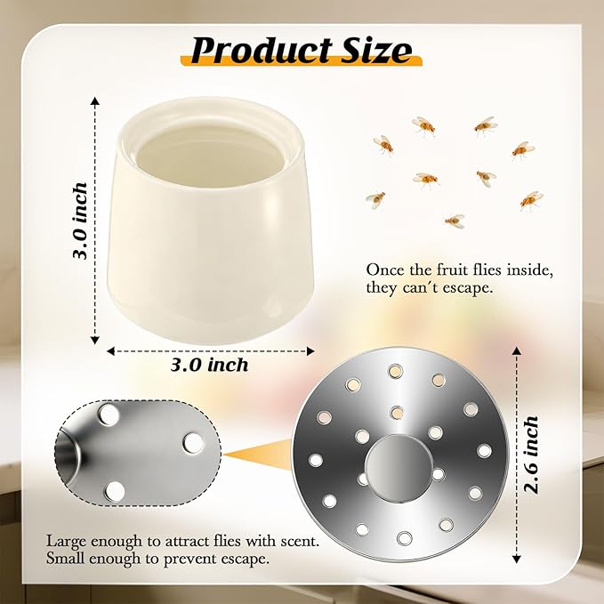 Ceramic Fruit Fly Trap for Indoors, Reusable Kitchen Fly Catcher with Stainless Steel Vent Lid, Uses Safe & Natural Vinegar Bait Trap, Dishwasher Safe, Easy to Use (White,1 Pack)