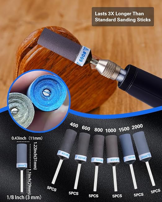 30PCS Sanding Drums for Dremel Rotary Tools Accessories, Sanding Bits Kit for Dremel Sanding Bands with 1/8 inch Shank, Sandpaper Sticks Set for Plastic Wood Metal Grinding Polishing 400-2000 Grit